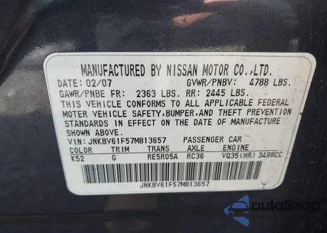 2007 Infiniti G35X z USA, uszkodzony, nr VIN JNKBV61F57M813657